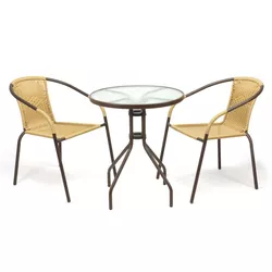 Zahradní balkonový set, polyratan, 2 židle + skleněný stůl